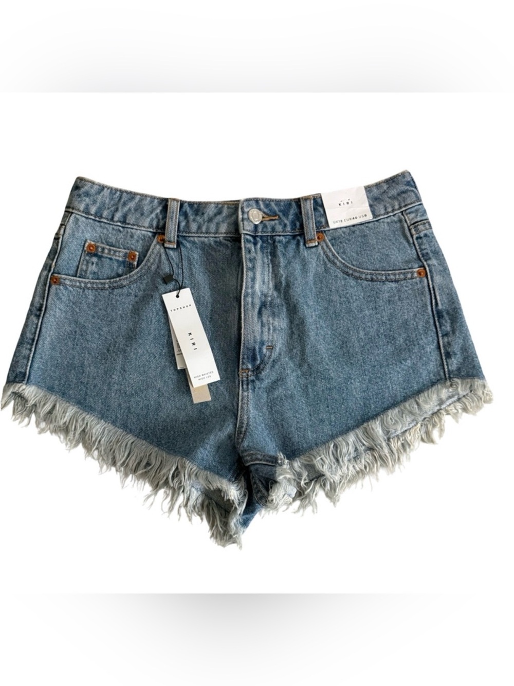 NWT Topshop Kiri High Rise Denim Cutoff Shorts Blue Size 8
